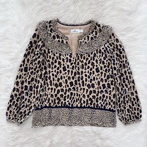 Vineyard Vines Tan Blue Cheetah Print Ruffle Neckline Long Sleeve Woven Blouse